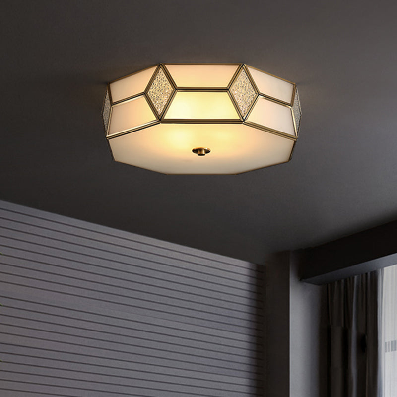 Octagon Flush Mount Bedroom Ceiling Light Fixture With Minimalistic Textured White Glass And Brass