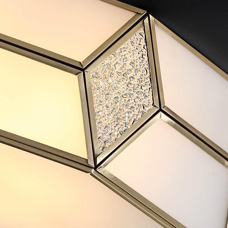 Octagon Flush Mount Bedroom Ceiling Light Fixture with Minimalistic Textured White Glass and Brass Trim
