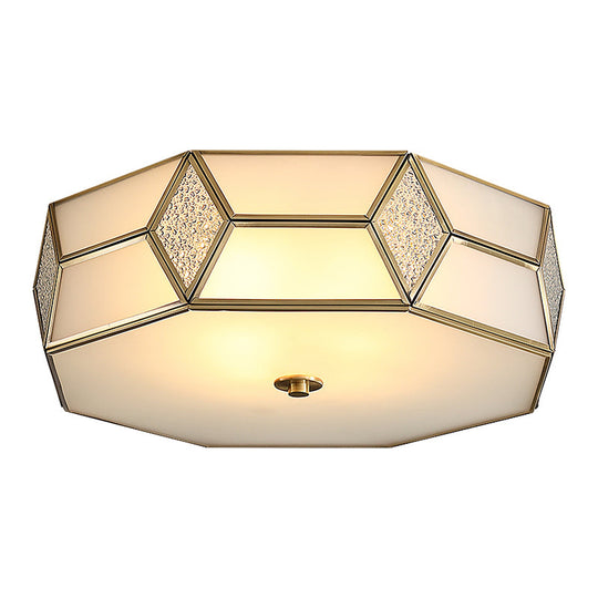Octagon Flush Mount Bedroom Ceiling Light Fixture With Minimalistic Textured White Glass And Brass
