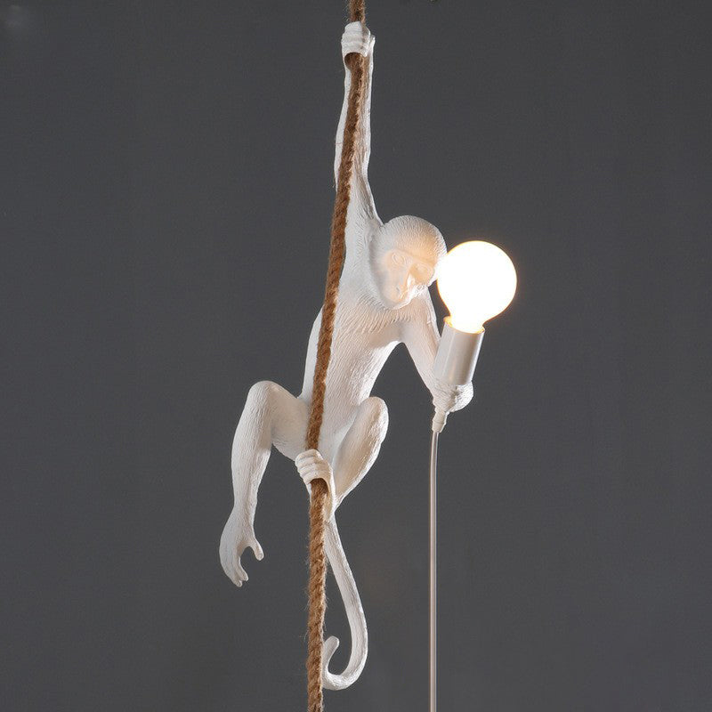 Monkey Resin Pendant Lamp With Hanging Rope - Artistic Ceiling Light Sculpture 1 Bulb