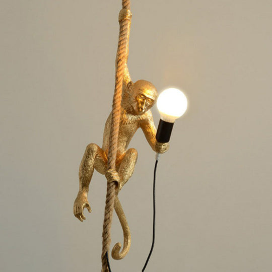 Monkey Resin Pendant Lamp With Hanging Rope - Artistic Ceiling Light Sculpture 1 Bulb Gold