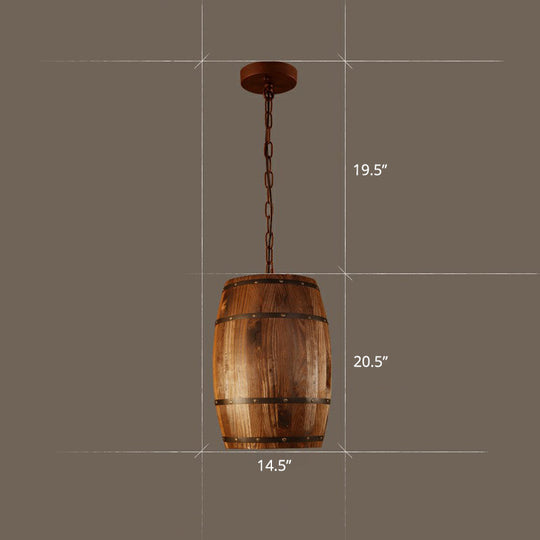 Rustic Wooden Wine Barrel Pendant Light - 1-Light Brown Suspension Lighting For Bistro