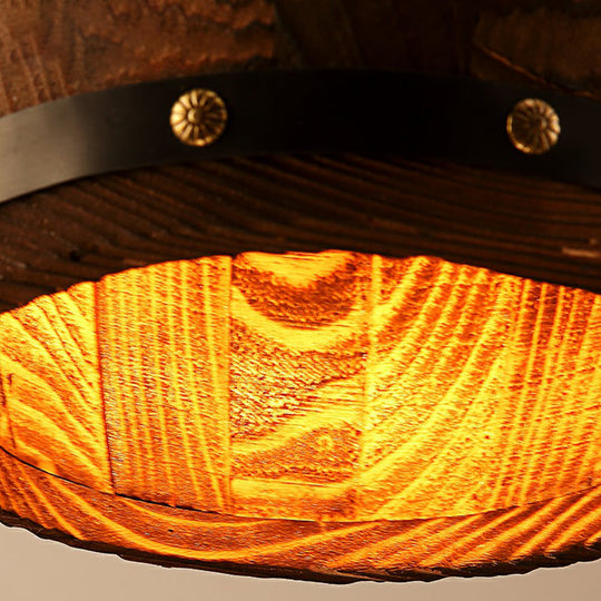 Rustic Wooden Wine Barrel Pendant Light - 1-Light Brown Suspension Lighting For Bistro