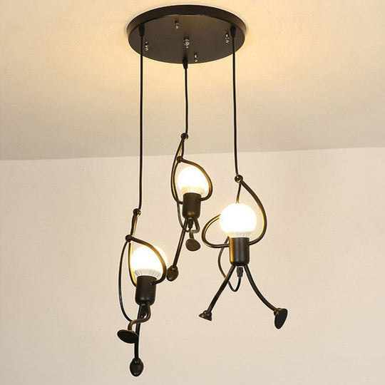 Modern Black Stick Figure Ceiling Light - 3-Bulb Metal Hanging Fixture / Round