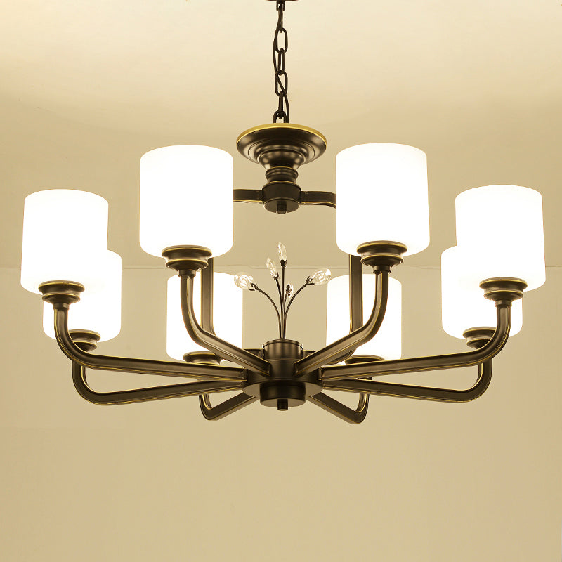 Vintage Style Glass Pendant Lamp For Living Room - Milky Cylinder Chandelier Light