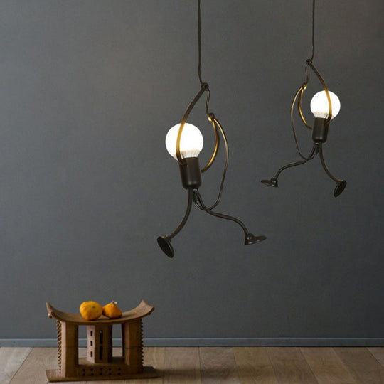 Modern Black Stickman Pendant Light Kit - Small Artistic Hanging Lamp With 1-Light Metal Ceiling