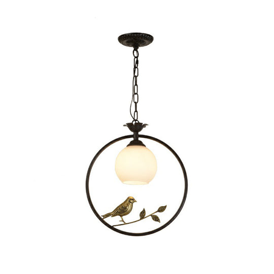 Rustic Metal Pendant Light With Milk Glass Dome Shade - Country Style Hanging Lamp