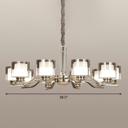 Modern Chrome Restaurant Chandelier With Cylindrical Frosted And Smoke Grey Glass 10 /