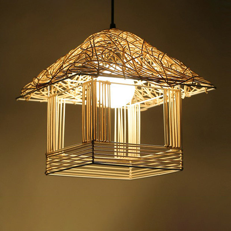 Rattan Cage Pendulum Light Rustic 1-Bulb Beige Ceiling Fixture For Restaurants / A