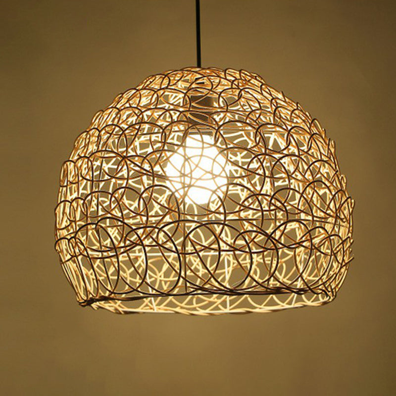 Rattan Cage Pendulum Light Rustic 1-Bulb Beige Ceiling Fixture For Restaurants