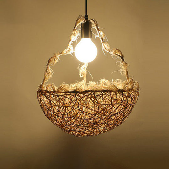 Rattan Cage Pendulum Light Rustic 1-Bulb Beige Ceiling Fixture For Restaurants