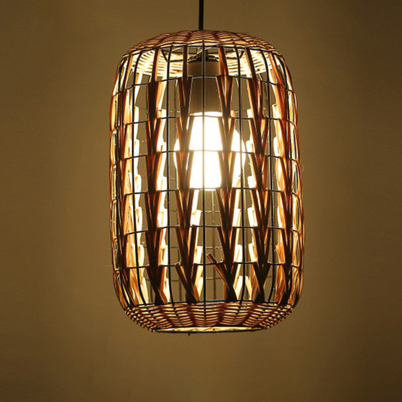 Rattan Cage Pendulum Light Rustic 1-Bulb Beige Ceiling Fixture For Restaurants