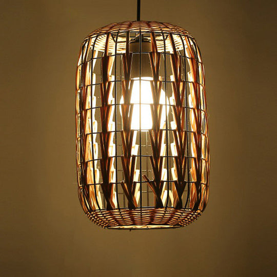 Rattan Cage Pendulum Light Rustic 1-Bulb Beige Ceiling Fixture For Restaurants / F