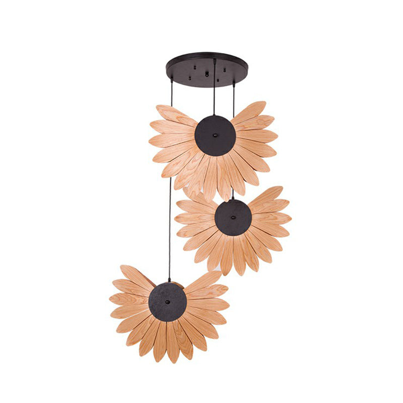 Botanic Wood Veneer Pendant Lamp - South-East Asia 3-Light Beige Ceiling Light