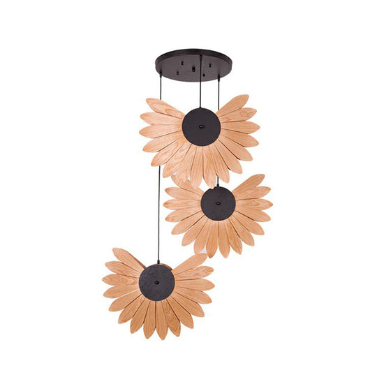 Botanic Wood Veneer Pendant Lamp - South-East Asia 3-Light Beige Ceiling Light