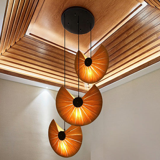 Botanic Wood Veneer Pendant Lamp - South-East Asia 3-Light Beige Ceiling Light