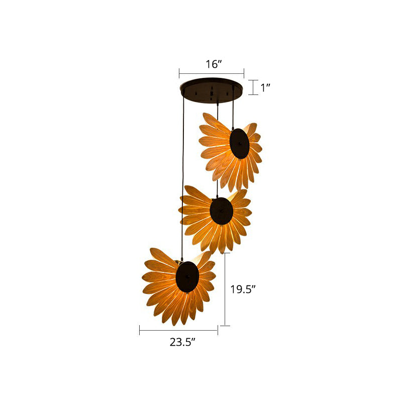 Botanic Wood Veneer Pendant Lamp - South-East Asia 3-Light Beige Ceiling Light / Flower