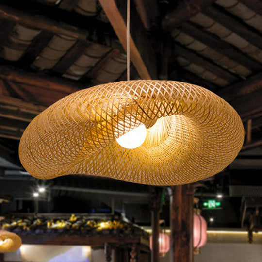 Asian Bamboo Pendant Light Fixture: Creative 1-Light Beige Suspension For Tea Room