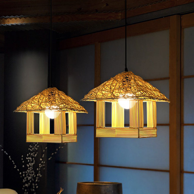 Asian Bamboo 1-Light House Shaped Pendant Light For Restaurants - Beige