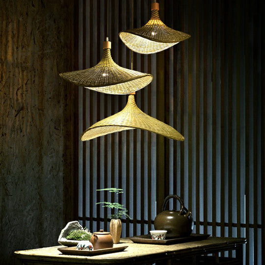 South-East Asia Bamboo Fiber Pendant Light: Green-Yellow Straw Hat Shape