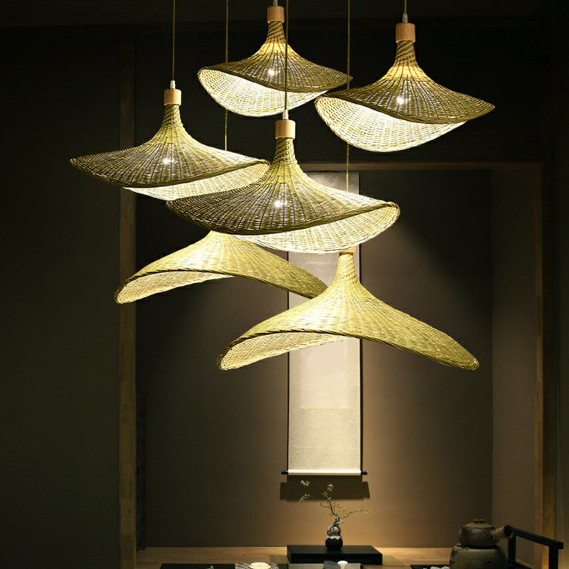 South-East Asia Bamboo Fiber Pendant Light: Green-Yellow Straw Hat Shape
