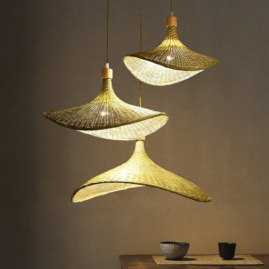 South-East Asia Bamboo Fiber Pendant Light: Green-Yellow Straw Hat Shape