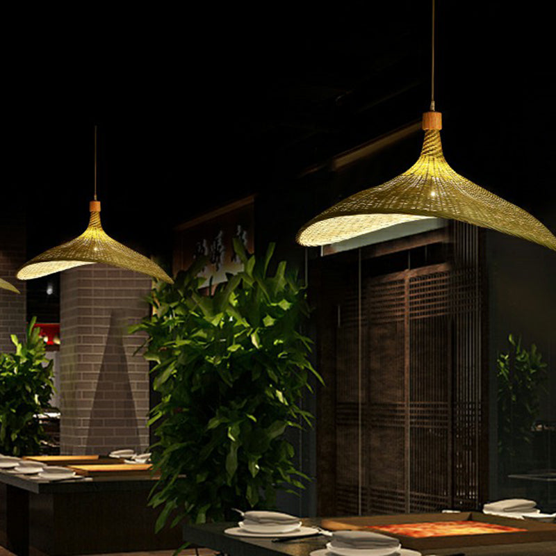 South-East Asia Bamboo Fiber Pendant Light: Green-Yellow Straw Hat Shape