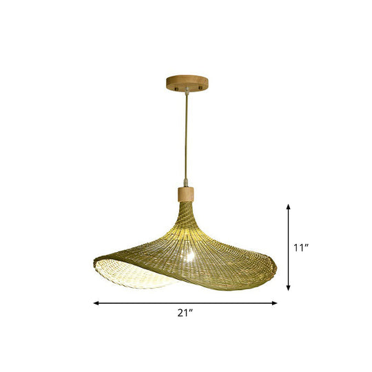 South-East Asia Bamboo Fiber Pendant Light: Green-Yellow Straw Hat Shape / Large A