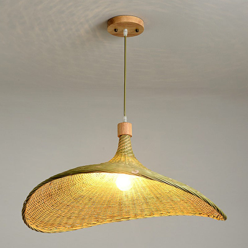 South-East Asia Bamboo Fiber Pendant Light: Green-Yellow Straw Hat Shape