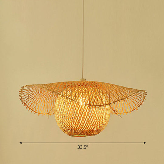Lotus Leaf Suspension Light: Asian Style Beige Color - Bamboo Pendant / 33.5