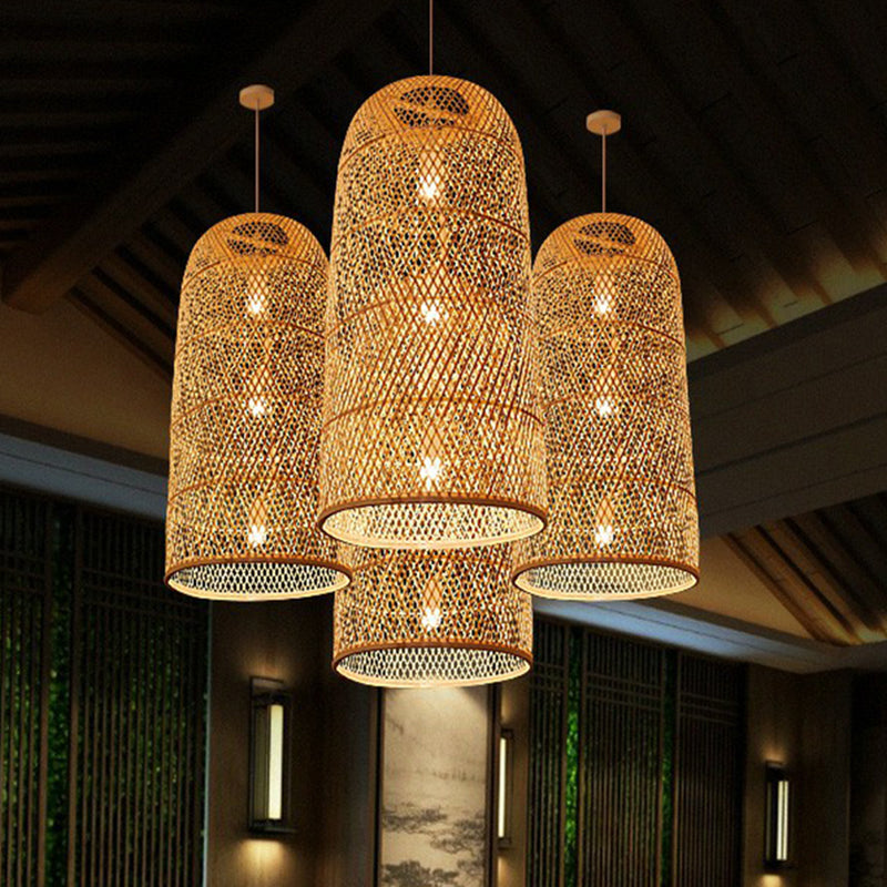 Bamboo Pendant Light Kit - Hand Woven Asian Design Beige Finish