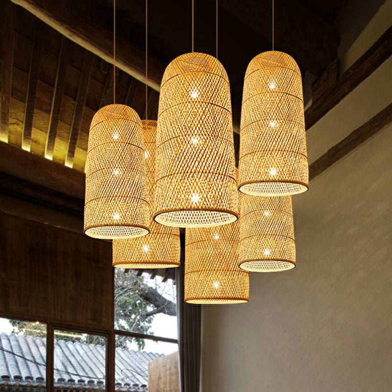 Bamboo Pendant Light Kit - Hand Woven Asian Design Beige Finish