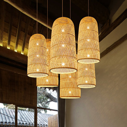 Bamboo Pendant Light Kit - Hand Woven Asian Design Beige Finish