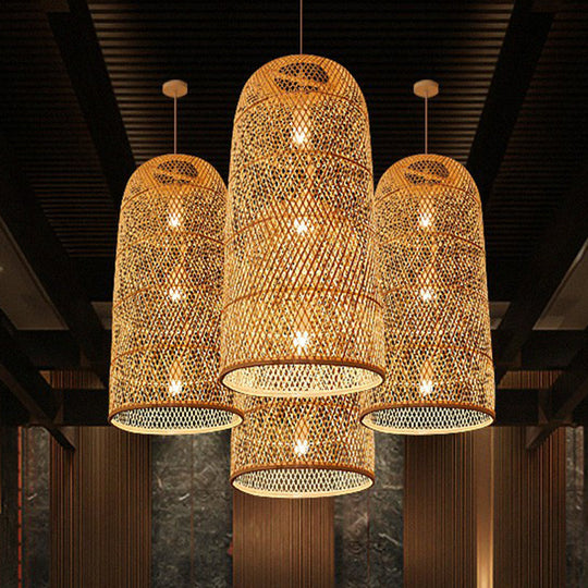 Bamboo Pendant Light Kit - Hand Woven Asian Design Beige Finish