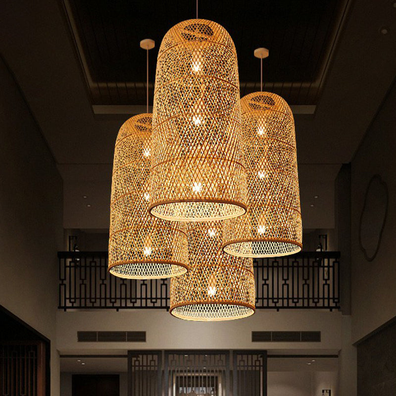 Bamboo Pendant Light Kit - Hand Woven Asian Design Beige Finish