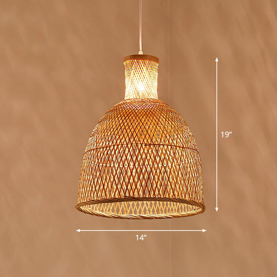 Bamboo Pendant Light Kit - Hand Woven Asian Design Beige Finish