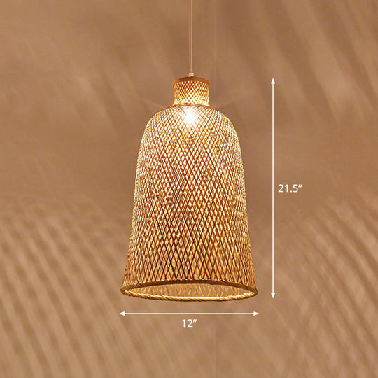 Bamboo Pendant Light Kit - Hand Woven Asian Design Beige Finish / C