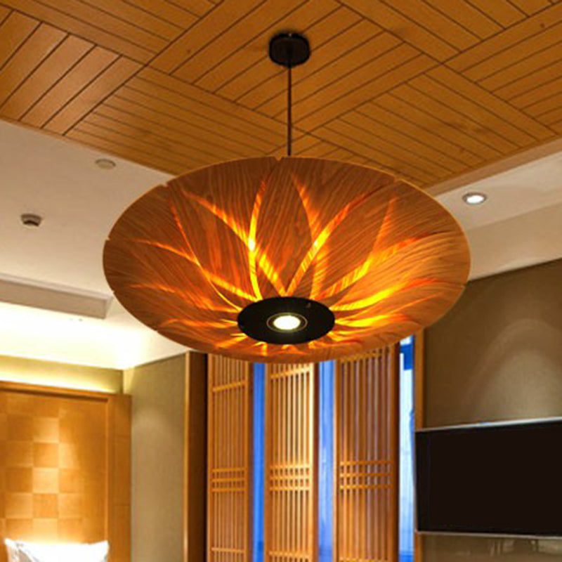 Lotus Leaf Shaped Wood Veneer Ceiling Light - South-East Asian 1 Head Pendant