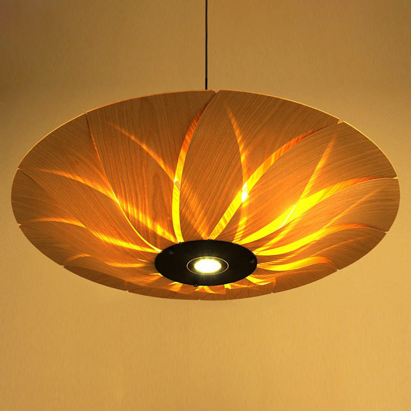 Lotus Leaf Shaped Wood Veneer Ceiling Light - South-East Asian 1 Head Pendant