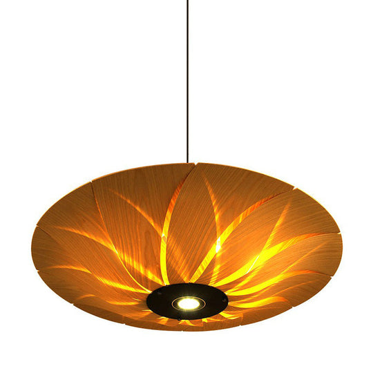 Lotus Leaf Shaped Wood Veneer Ceiling Light - South-East Asian 1 Head Pendant