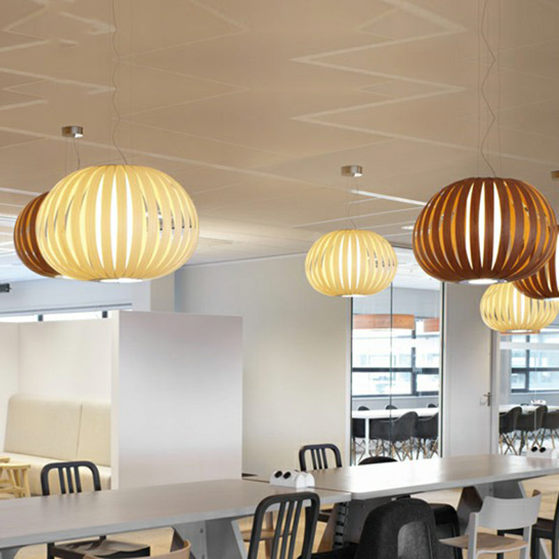 Global Asian Wood Veneer Pendant Lamp - 1 Head Suspension Lighting Fixture For Restaurants