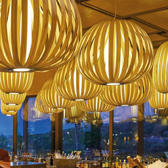 Global Asian Wood Veneer Pendant Lamp - 1 Head Suspension Lighting Fixture For Restaurants