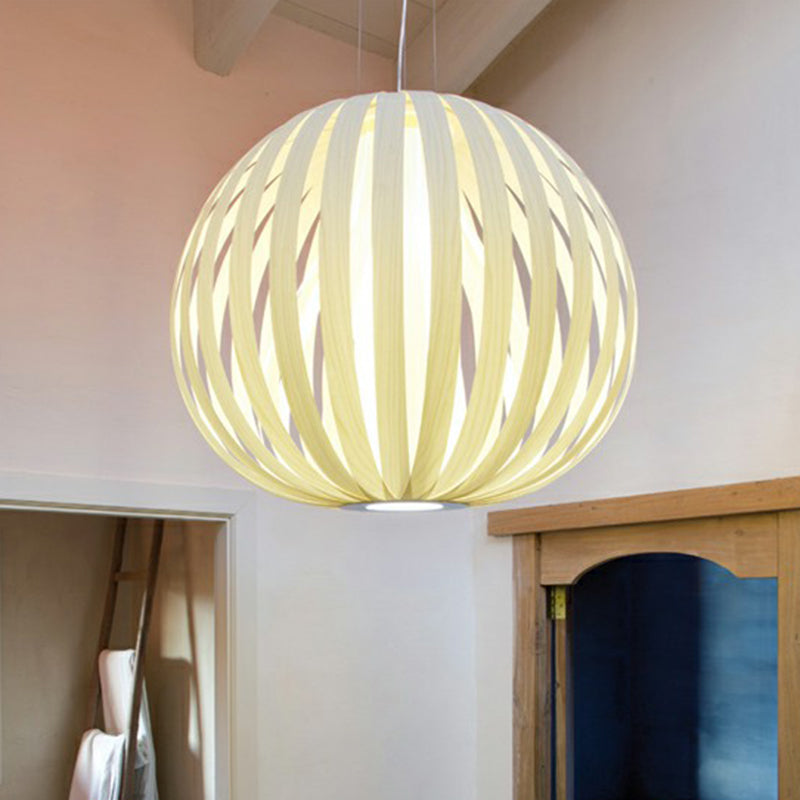 Global Asian Wood Veneer Pendant Lamp - 1 Head Suspension Lighting Fixture For Restaurants