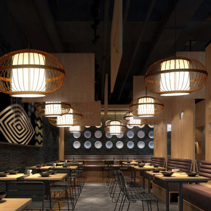 Contemporary Bamboo Cage Hanging Lamp With Coffee Finish And Single Bulb Suspension