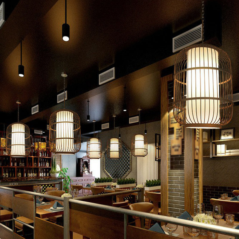 Contemporary Bamboo Cage Hanging Lamp With Coffee Finish And Single Bulb Suspension