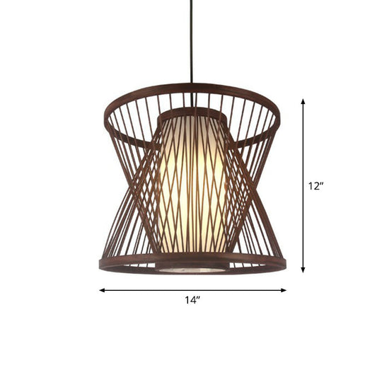 Contemporary Bamboo Cage Hanging Lamp With Coffee Finish And Single Bulb Suspension / Cone