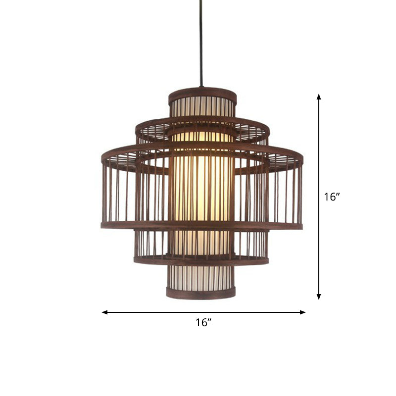 Contemporary Bamboo Cage Hanging Lamp With Coffee Finish And Single Bulb Suspension / Tower