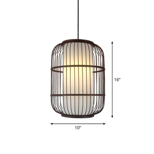 Contemporary Bamboo Cage Hanging Lamp With Coffee Finish And Single Bulb Suspension / Cylinder