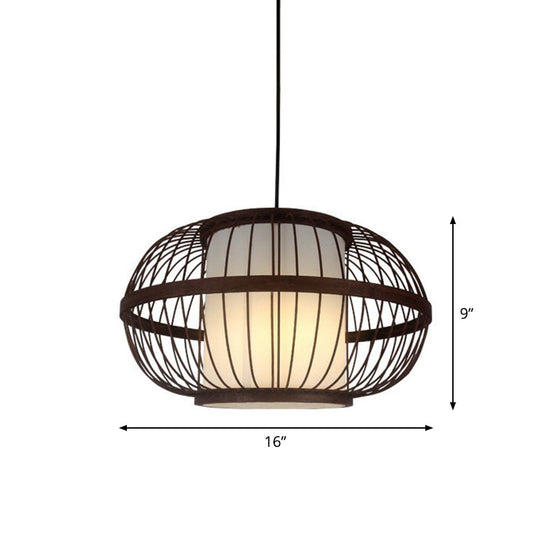 Contemporary Bamboo Cage Hanging Lamp With Coffee Finish And Single Bulb Suspension