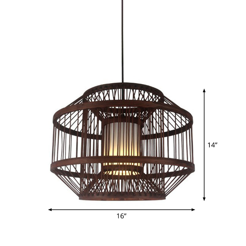 Contemporary Bamboo Cage Hanging Lamp With Coffee Finish And Single Bulb Suspension